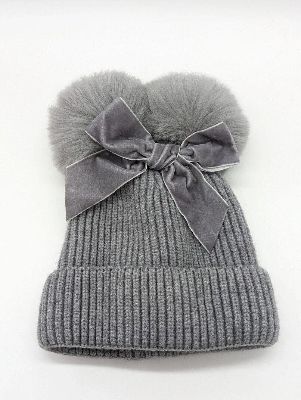 Grey Ribbed Velvet Bow Fuzzy Pom Pom Kids Toddler Winter Hat